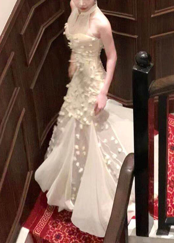 Mandarin Collar 3D Floral Applique Sheer Panel Mermaid Gown
