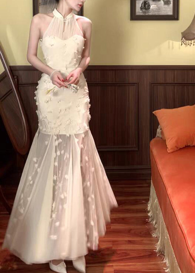 Mandarin Collar 3D Floral Applique Sheer Panel Mermaid Gown