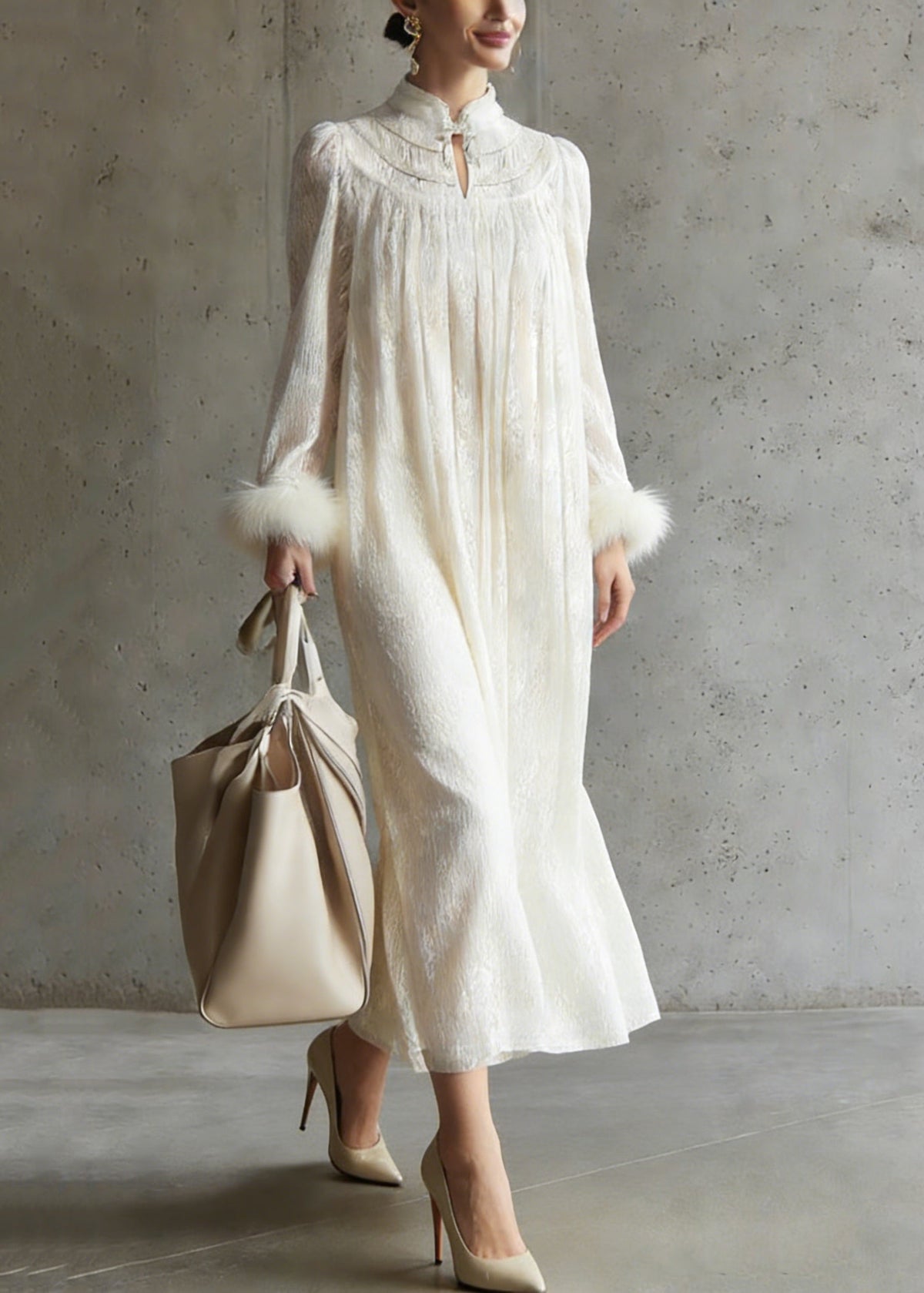 Mandarin Collar Keyhole Faux Fur Cuff Crinkle Texture Trapeze Midi Dress