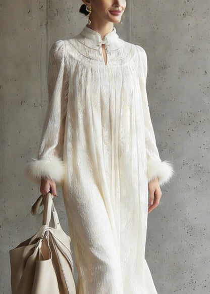 Mandarin Collar Keyhole Faux Fur Cuff Crinkle Texture Trapeze Midi Dress