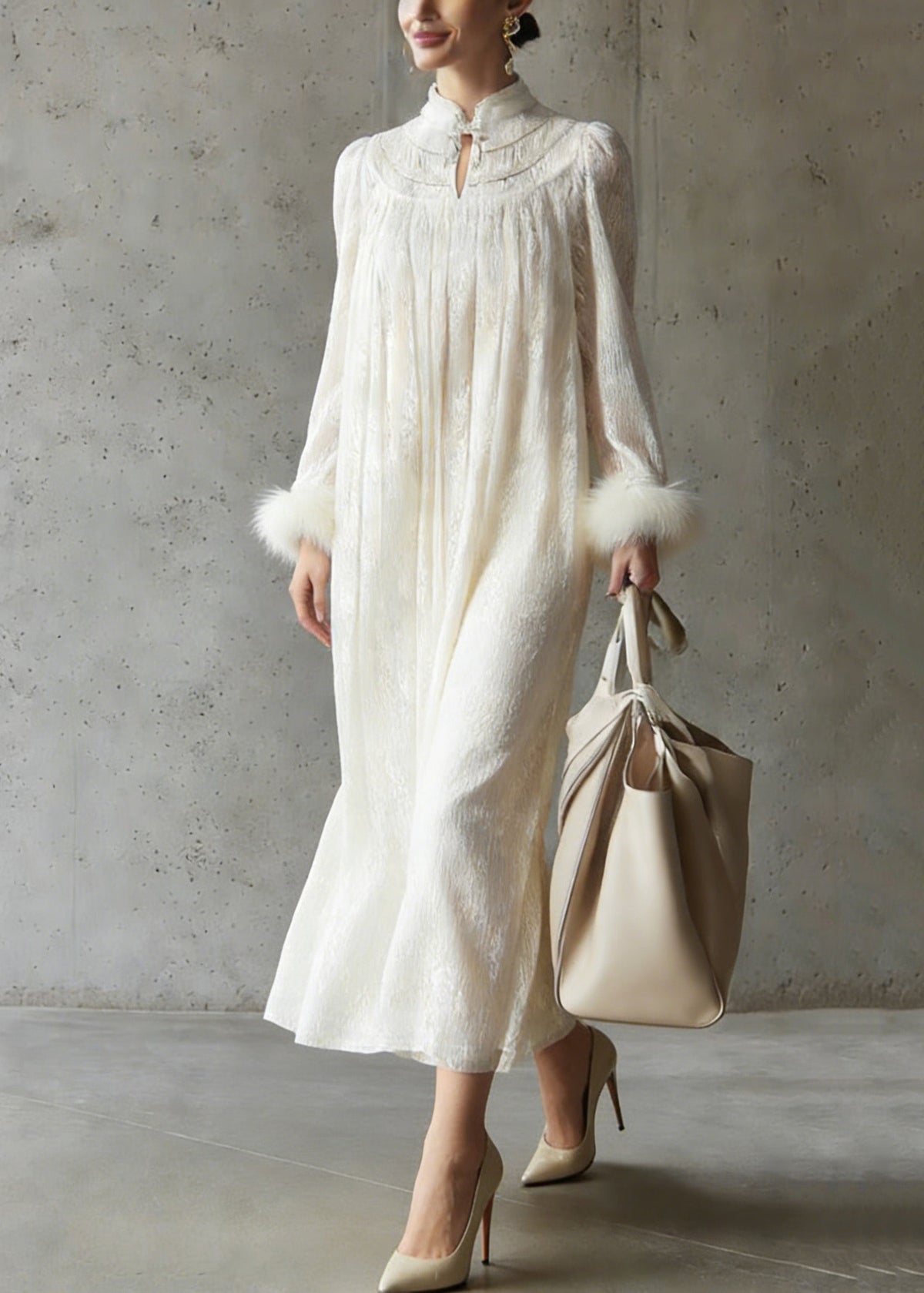 Mandarin Collar Keyhole Faux Fur Cuff Crinkle Texture Trapeze Midi Dress