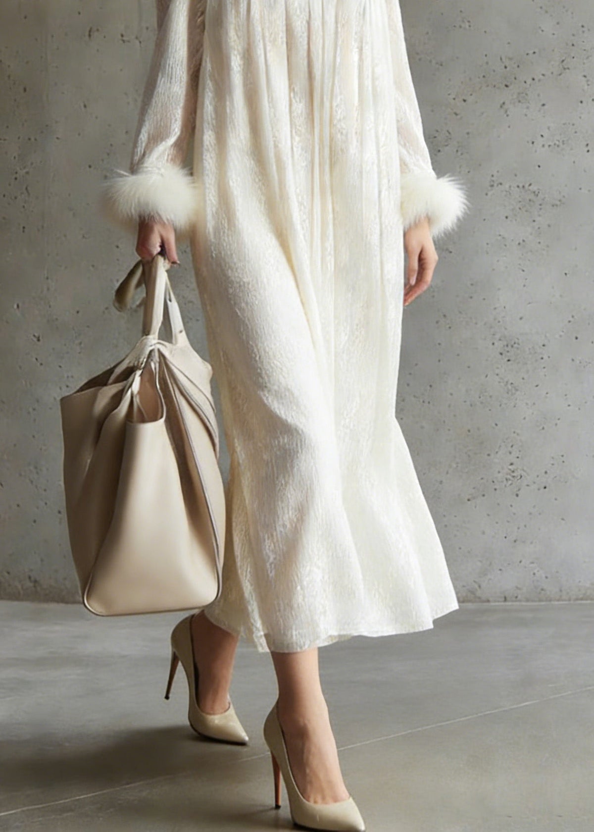 Mandarin Collar Keyhole Faux Fur Cuff Crinkle Texture Trapeze Midi Dress