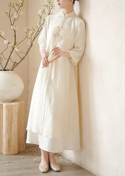 Mandarin Collar Embroidered Floral Tassel Lace Up Maxi Dress