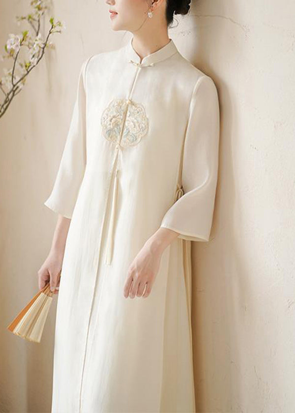 Mandarin Collar Embroidered Floral Tassel Lace Up Maxi Dress