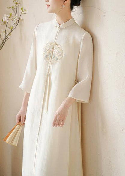 Mandarin Collar Embroidered Floral Tassel Lace Up Maxi Dress