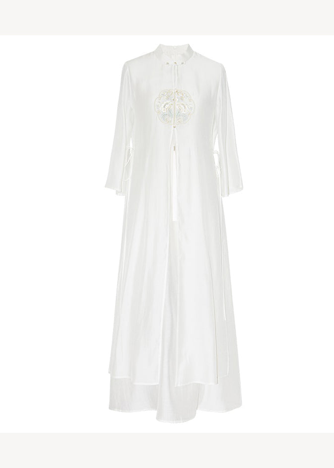 Mandarin Collar Embroidered Floral Tassel Lace Up Maxi Dress