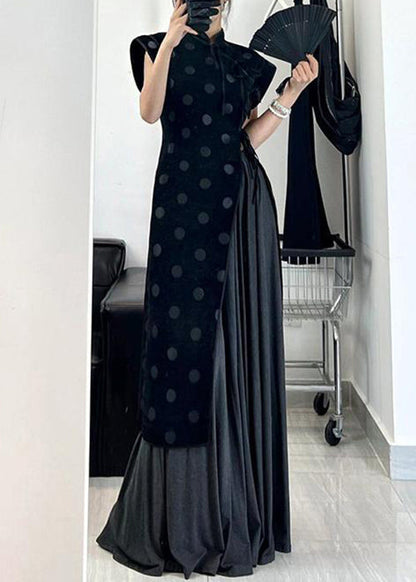 Mandarin Collar Polka Dot Asymmetrical Pleated Skirt Set