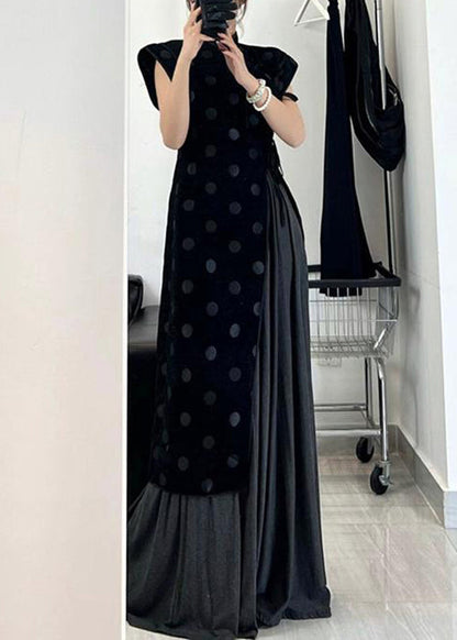Mandarin Collar Polka Dot Asymmetrical Pleated Skirt Set