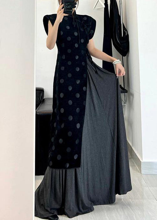 Mandarin Collar Polka Dot Asymmetrical Pleated Skirt Set