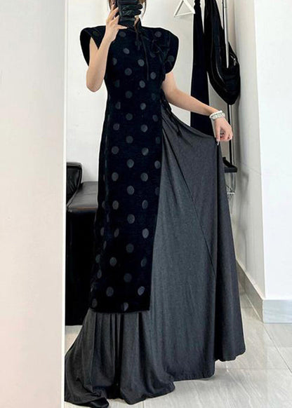 Mandarin Collar Polka Dot Asymmetrical Pleated Skirt Set