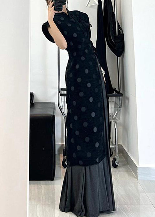 Mandarin Collar Polka Dot Asymmetrical Pleated Skirt Set