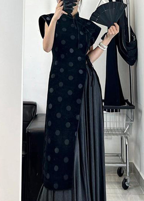 Mandarin Collar Polka Dot Asymmetrical Pleated Skirt Set