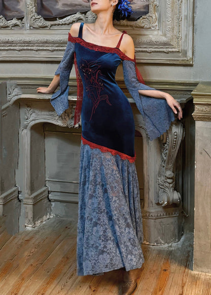 Velvet Cold-Shoulder Floral Embroidery Split Bell Sleeve Lace Maxi Gown