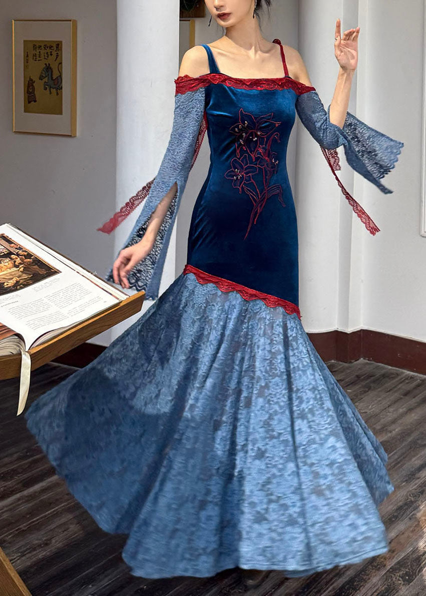 Velvet Cold-Shoulder Floral Embroidery Split Bell Sleeve Lace Maxi Gown