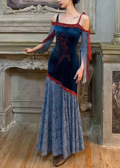 Velvet Cold-Shoulder Floral Embroidery Split Bell Sleeve Lace Maxi Gown