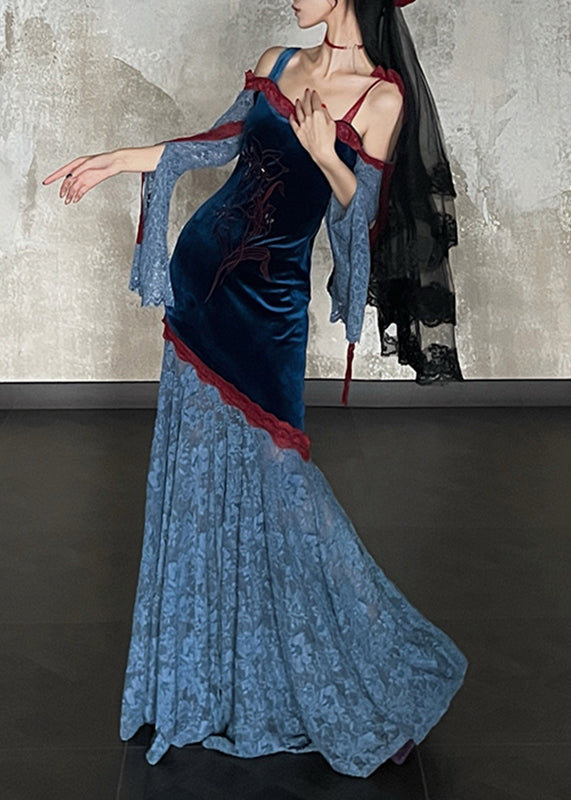 Velvet Cold-Shoulder Floral Embroidery Split Bell Sleeve Lace Maxi Gown