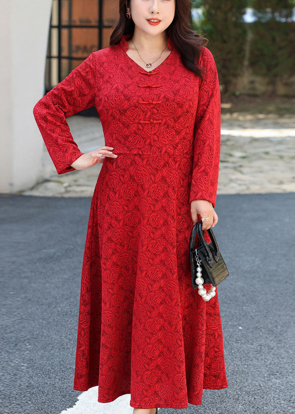 Deep V-Neck Frog Button Embroidered Panel Satin Maxi Dress