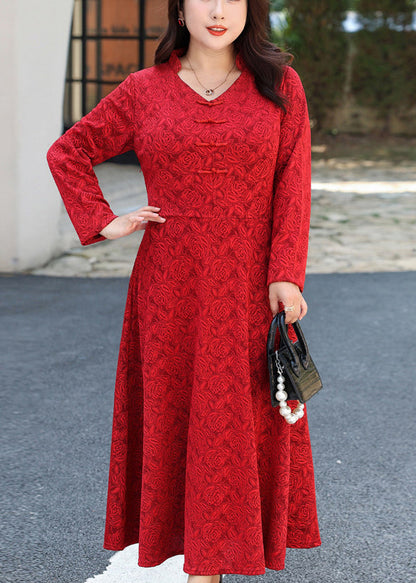 Deep V-Neck Frog Button Embroidered Panel Satin Maxi Dress