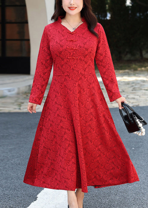 Deep V-Neck Frog Button Embroidered Panel Satin Maxi Dress