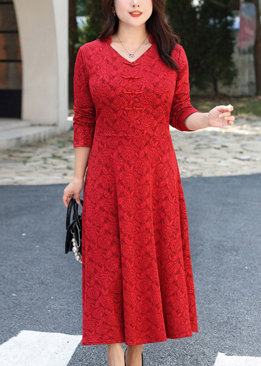 Deep V-Neck Frog Button Embroidered Panel Satin Maxi Dress