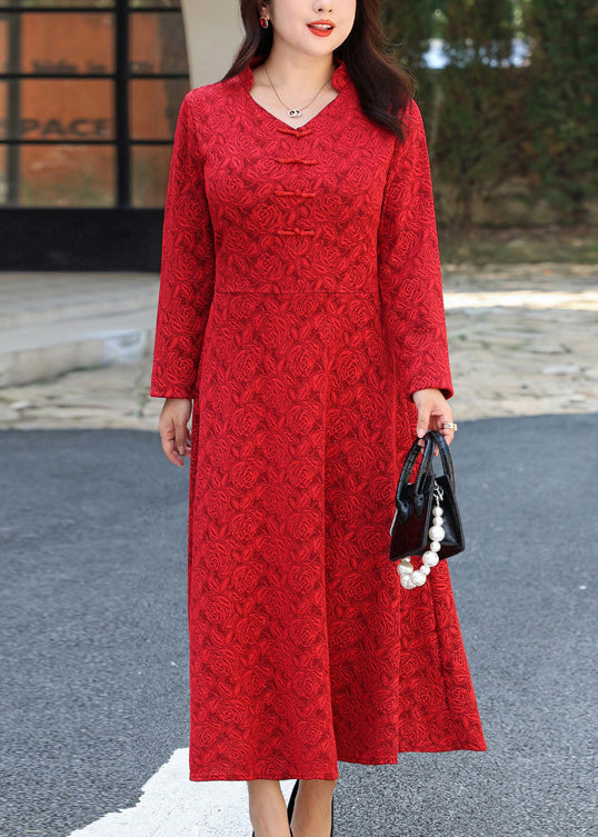 Deep V-Neck Frog Button Embroidered Panel Satin Maxi Dress