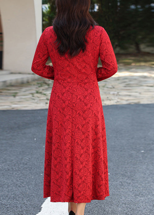 Deep V-Neck Frog Button Embroidered Panel Satin Maxi Dress