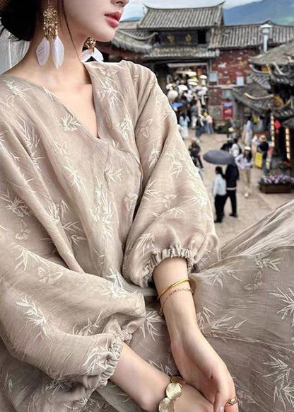Deep V-Neck Lantern Sleeve Jacquard Bamboo Butterfly Print Maxi Dress