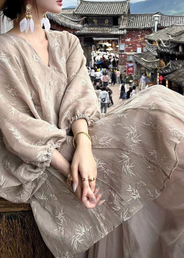 Deep V-Neck Lantern Sleeve Jacquard Bamboo Butterfly Print Maxi Dress