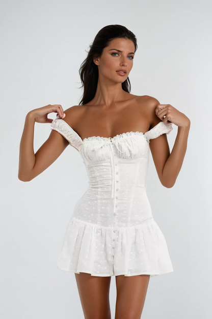 Off Shoulder Eyelet Lace Corset Button Front Ruffle Mini Dress