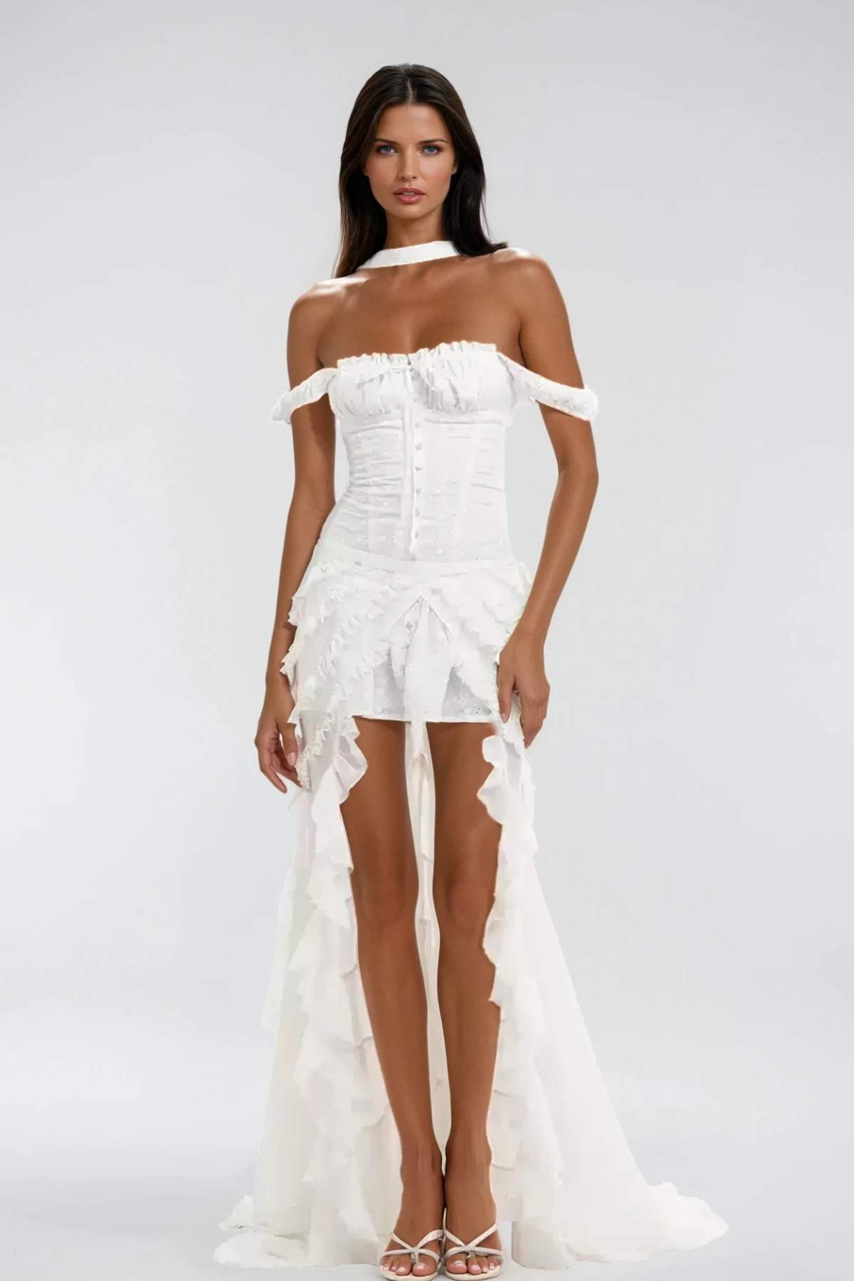 Off Shoulder Eyelet Lace Corset Button Front Ruffle Mini Dress