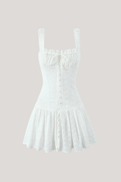 Off Shoulder Eyelet Lace Corset Button Front Ruffle Mini Dress