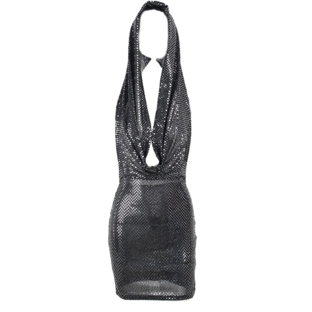 Hooded Plunging Cowl Neck Sequin Sleeveless Bodycon Mini Dress