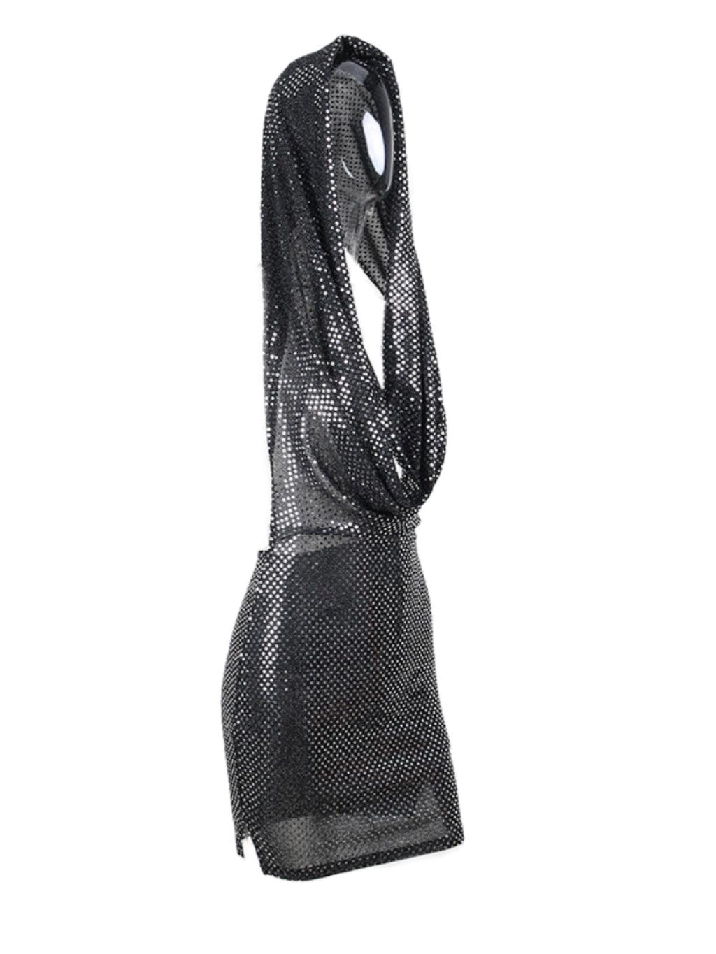 Hooded Plunging Cowl Neck Sequin Sleeveless Bodycon Mini Dress