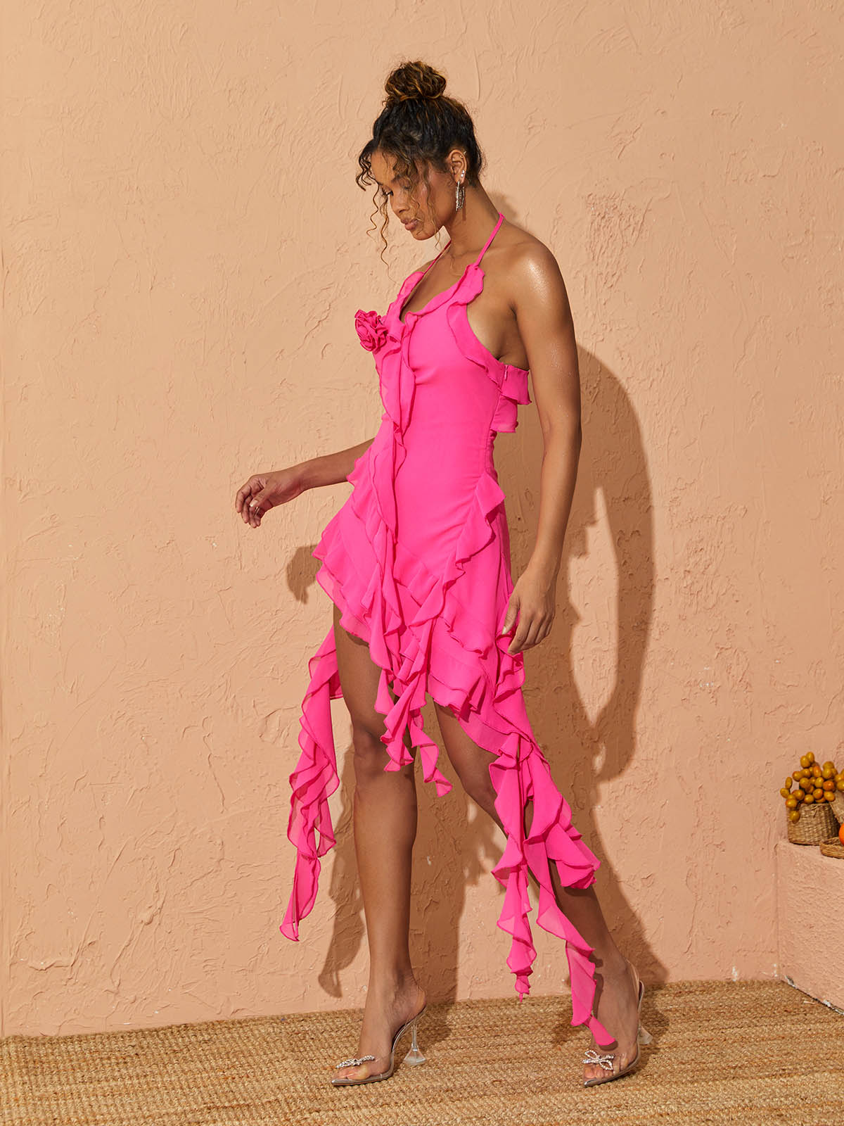 Halter Neck 3D Rosette Ruffle Cascade Asymmetric Hem Mini Dress