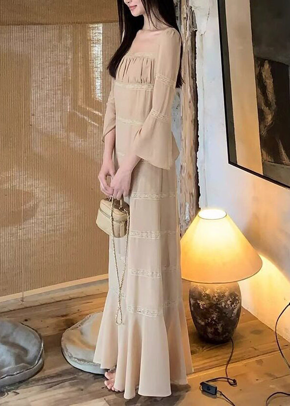 Square Neck Bell Sleeve Tiered Lace Band Maxi Dress
