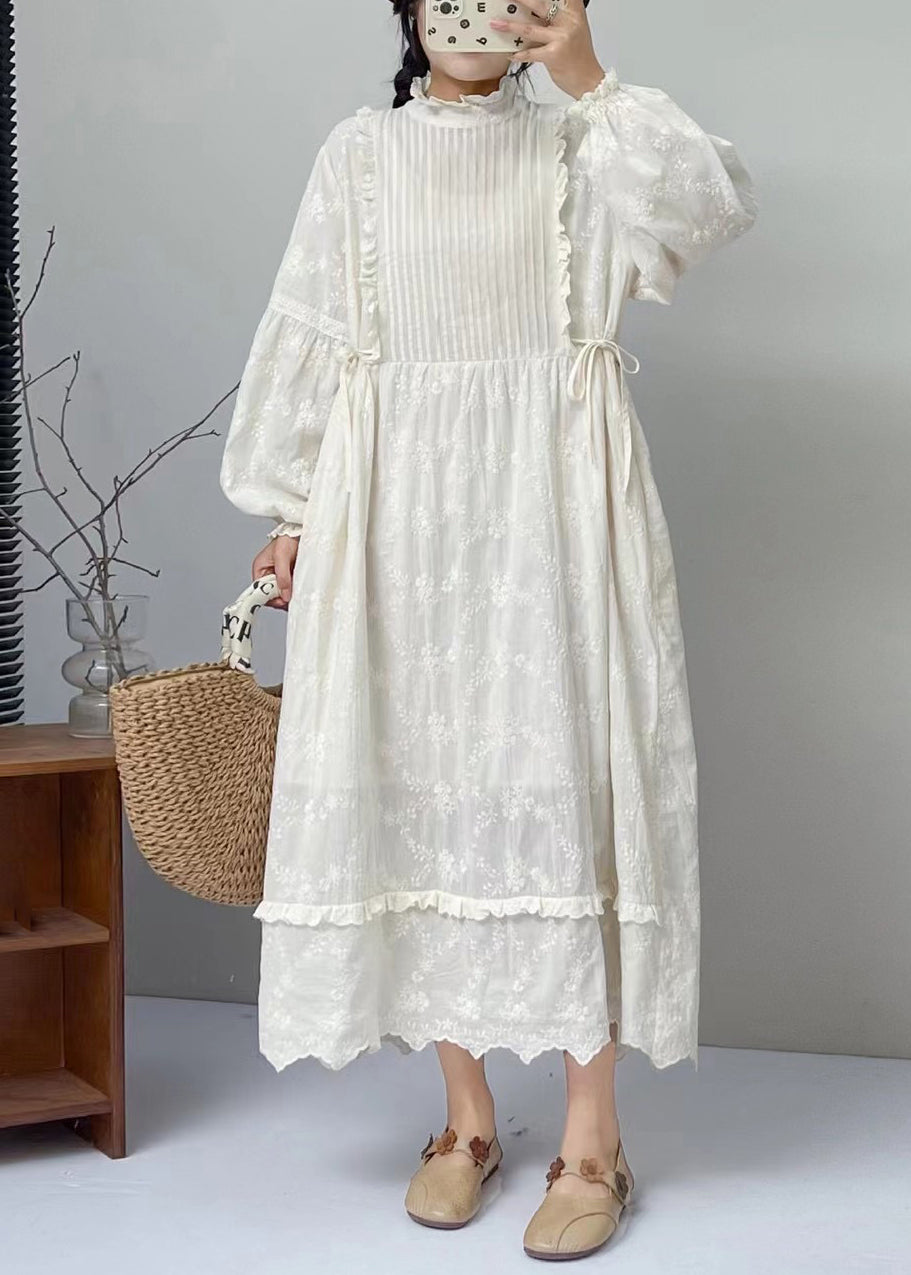 Ruffle Mock Neck Pin-Tuck Panel Bishop Sleeve Tiered Scalloped Midi Dress