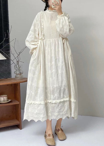 Ruffle Mock Neck Pin-Tuck Panel Bishop Sleeve Tiered Scalloped Midi Dress
