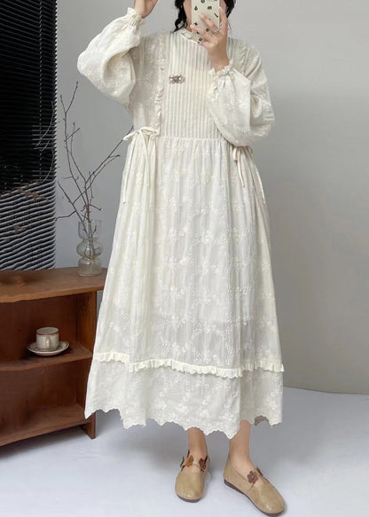 Ruffle Mock Neck Pin-Tuck Panel Bishop Sleeve Tiered Scalloped Midi Dress
