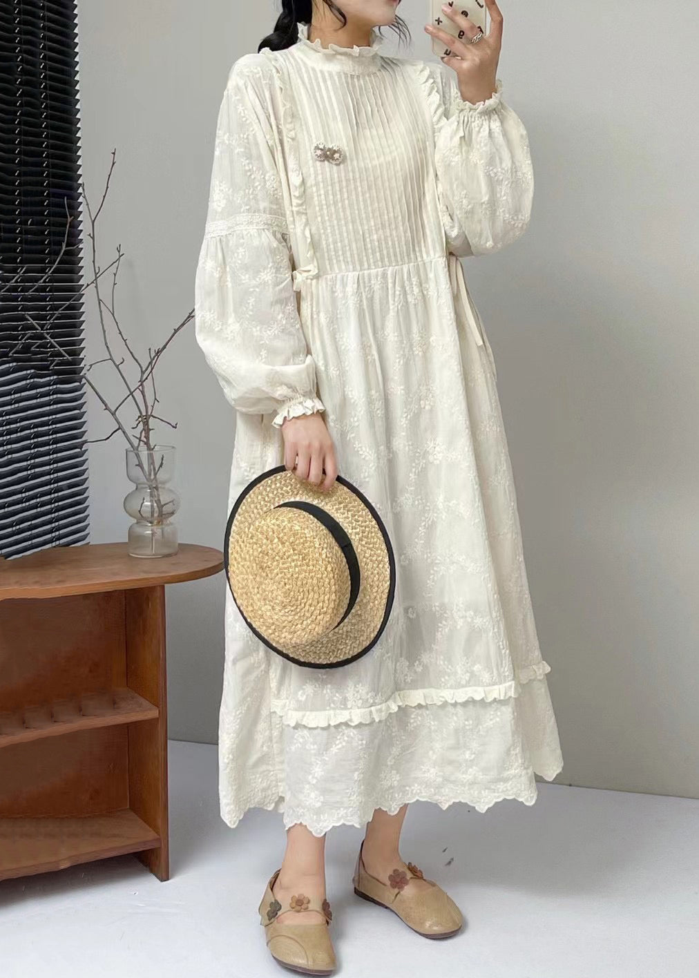 Ruffle Mock Neck Pin-Tuck Panel Bishop Sleeve Tiered Scalloped Midi Dress