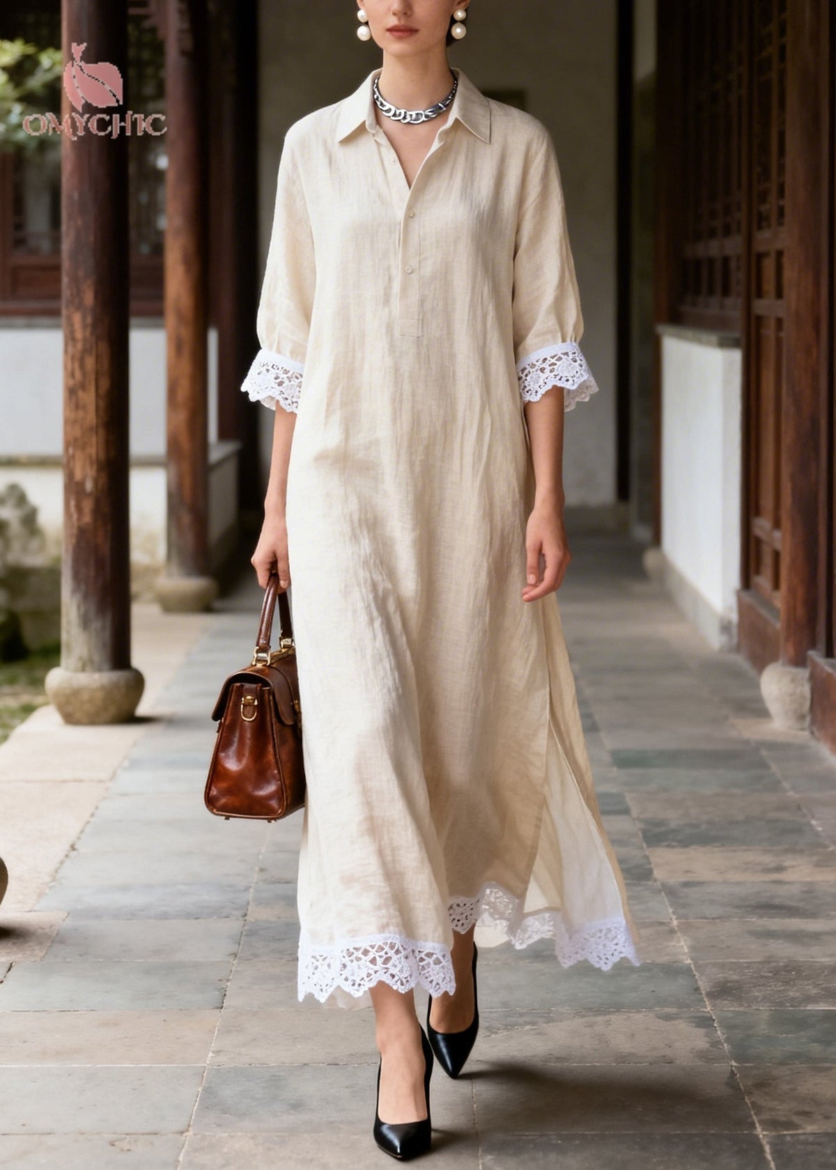 Pointed Collar Lace Trim Cuff Hem Side Slit Linen Maxi Shirt Dress