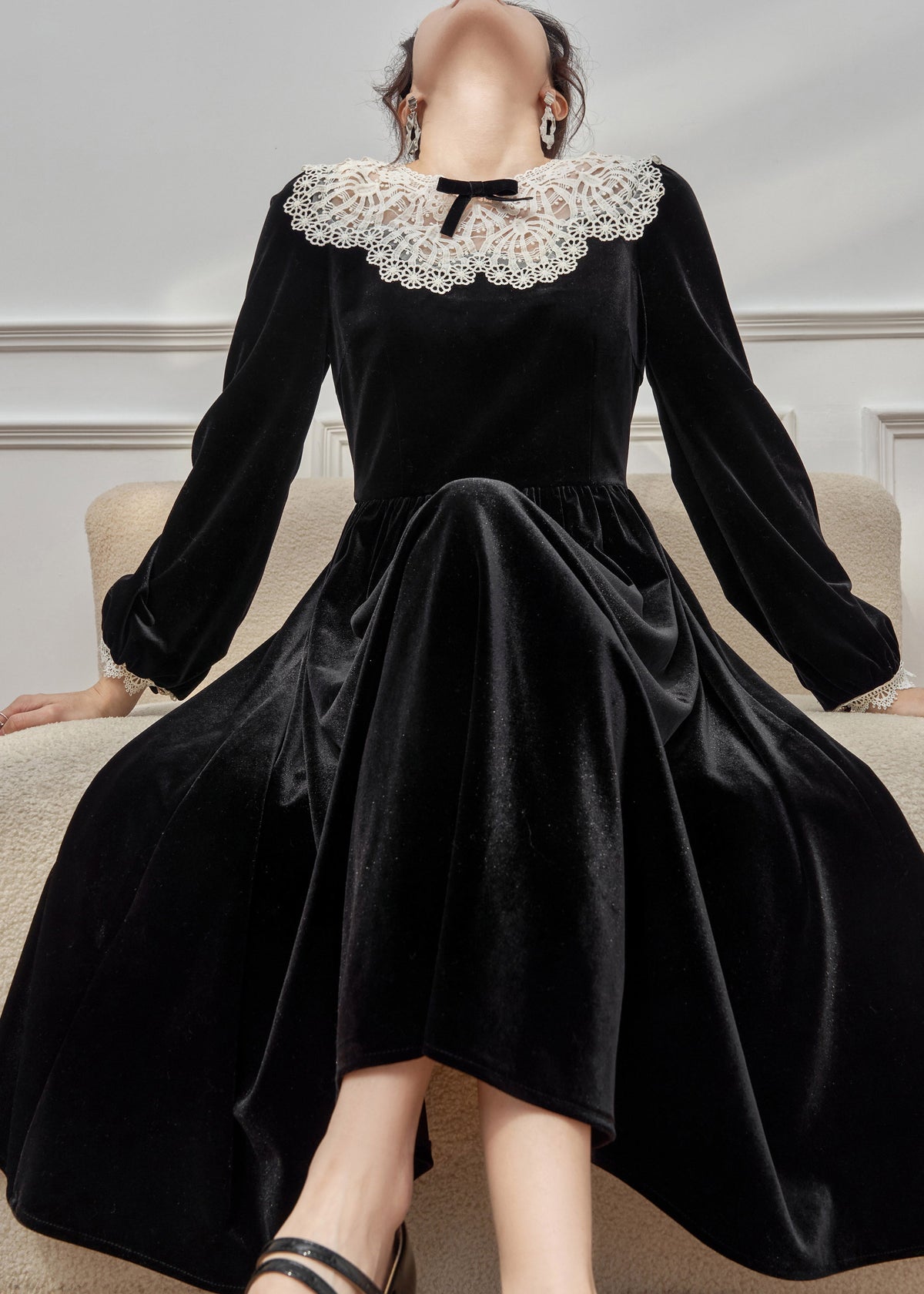 Round Neck Oversized Lace Collar Bow Detail Gathered Waist Velvet Maxi Dress