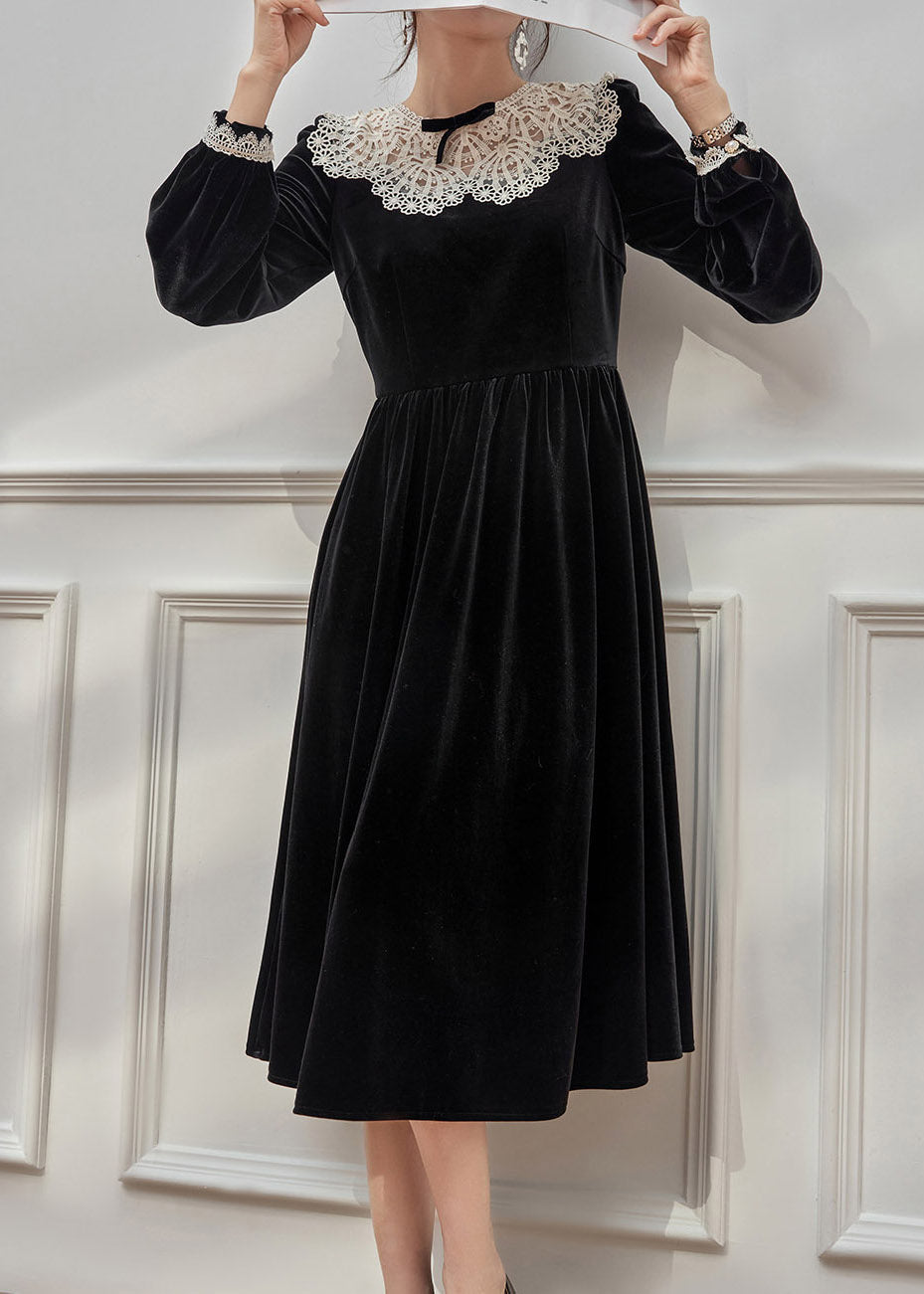 Round Neck Oversized Lace Collar Bow Detail Gathered Waist Velvet Maxi Dress