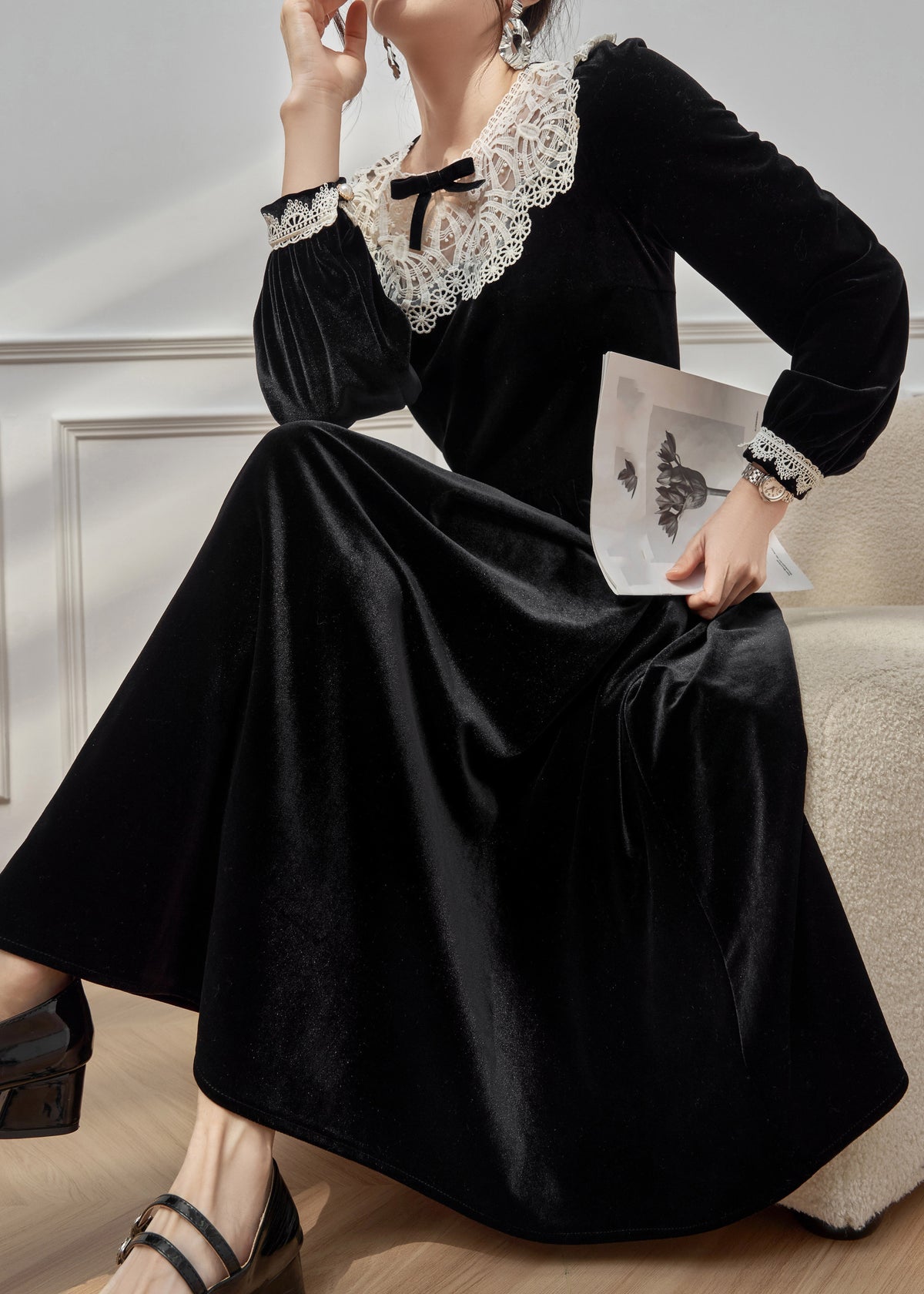 Round Neck Oversized Lace Collar Bow Detail Gathered Waist Velvet Maxi Dress