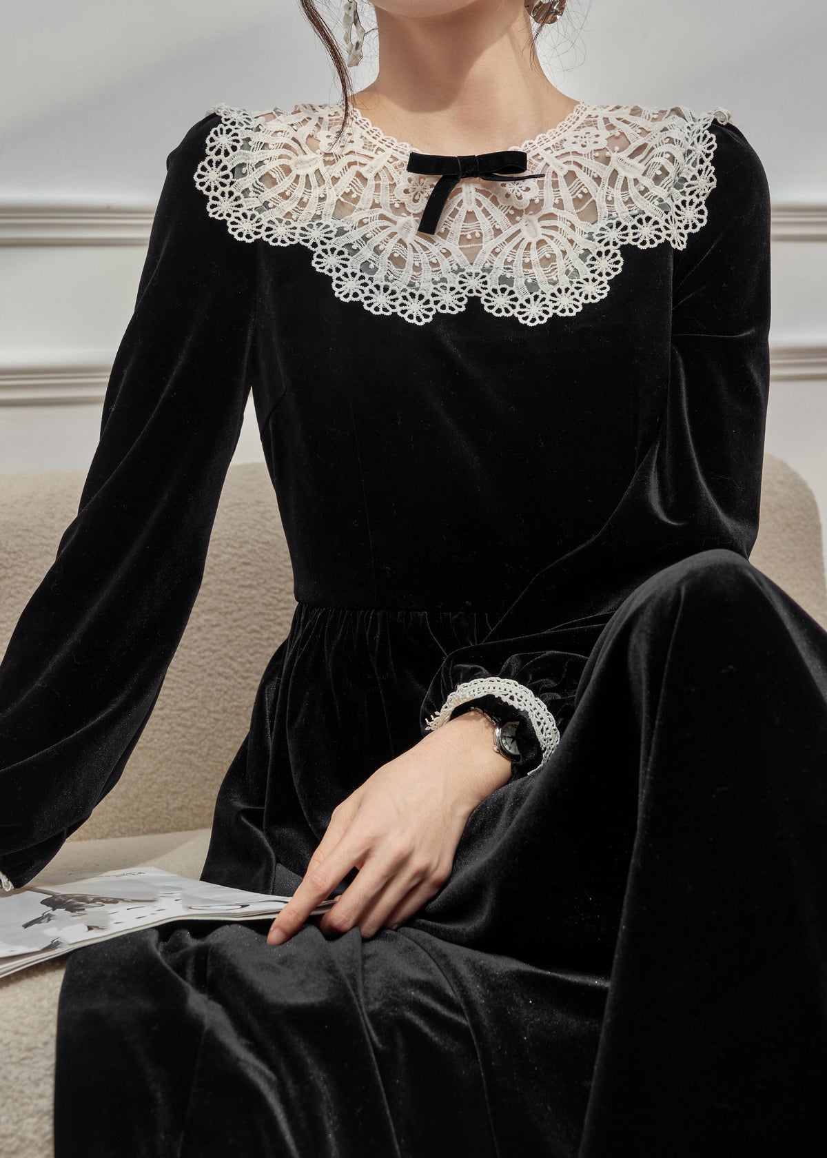 Round Neck Oversized Lace Collar Bow Detail Gathered Waist Velvet Maxi Dress