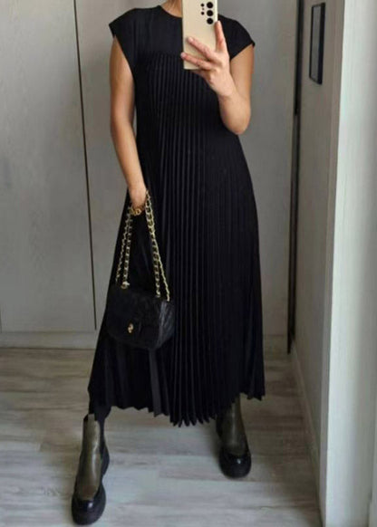 Crew Neck Cap Sleeve Vertical Pleated Ankle Length Dress