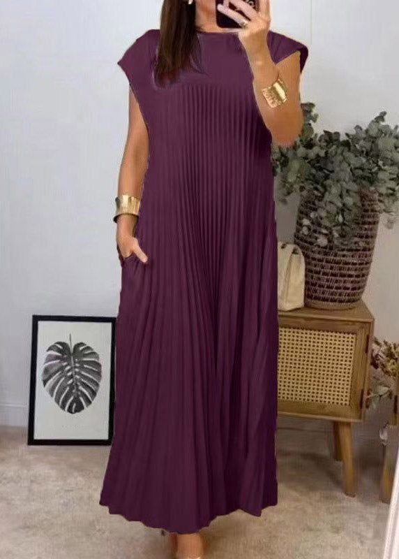 Crew Neck Cap Sleeve Vertical Pleated Ankle Length Dress