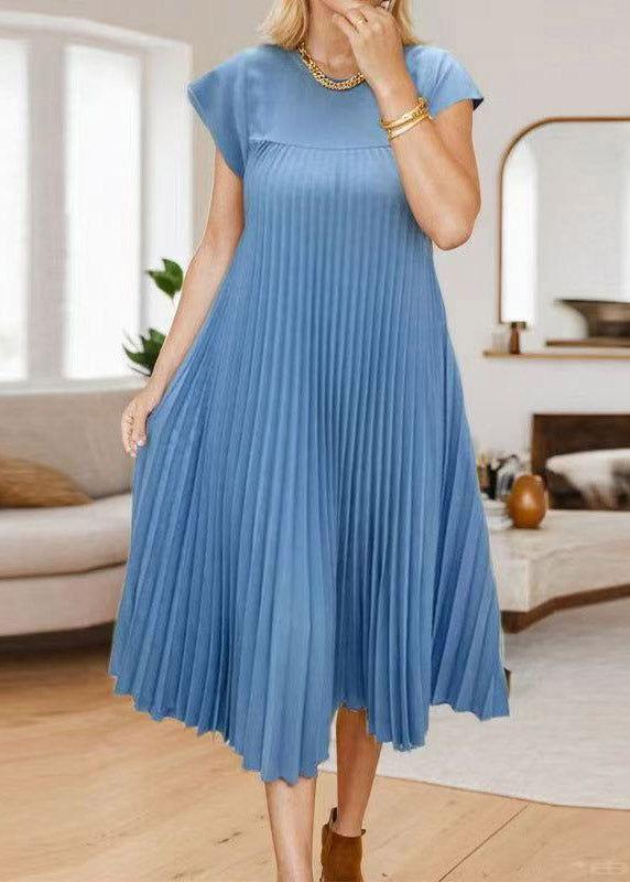 Crew Neck Cap Sleeve Vertical Pleated Ankle Length Dress