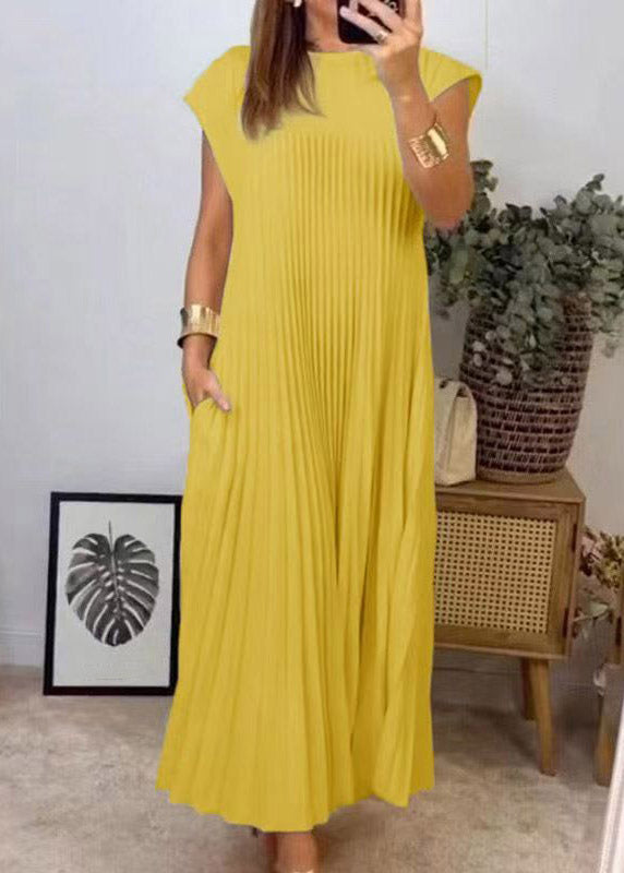 Crew Neck Cap Sleeve Vertical Pleated Ankle Length Dress