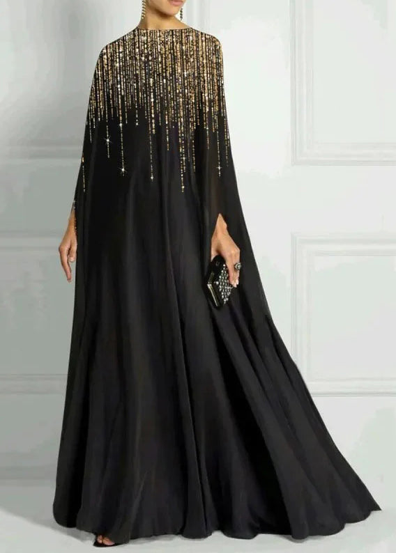 High Neck Sequin Rainfall Cape Sleeve Floor Length Maxi Gown