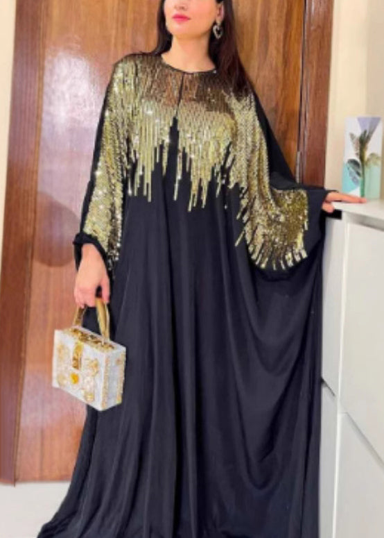 High Neck Sequin Rainfall Cape Sleeve Floor Length Maxi Gown
